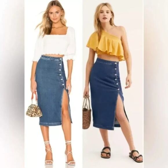 Free People Midi Skirt 4 Button Front Straight Jasmine High Waisted Denim Boho - Picture 1 of 6